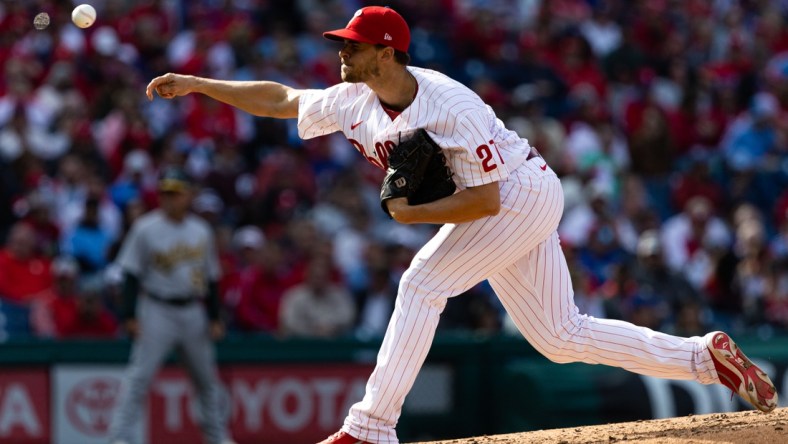 Apr 8, 2022; Philadelphia, Pennsylvania, USA; Philadelphia Phillies starting pitcher Aaron Nola (27) throws a pitch during the fourth inning against the Oakland Athletics at Citizens Bank Park. Mandatory Credit: Bill Streicher-USA TODAY Sports