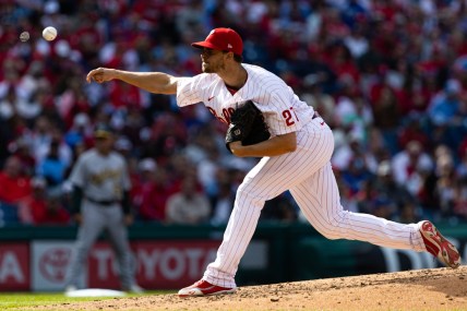Apr 8, 2022; Philadelphia, Pennsylvania, USA; Philadelphia Phillies starting pitcher Aaron Nola (27) throws a pitch during the fourth inning against the Oakland Athletics at Citizens Bank Park. Mandatory Credit: Bill Streicher-USA TODAY Sports