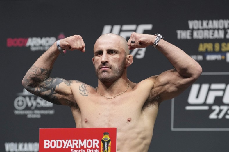 Apr 8, 2022; Jacksonville, FL, USA; Alexander Volkanovski on the scale during weigh ins for UFC 273 at VyStar Veterans Memorial Stadium. Mandatory Credit: David Yeazell-USA TODAY Sports