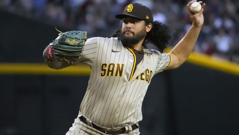 Apr 8, 2022; Phoenix, Arizona, USA; San Diego Padres starting pitcher Sean Manaea (55) throws against the Arizona Diamondbacks in the first inning at Chase Field. Mandatory Credit: Rick Scuteri-USA TODAY Sports