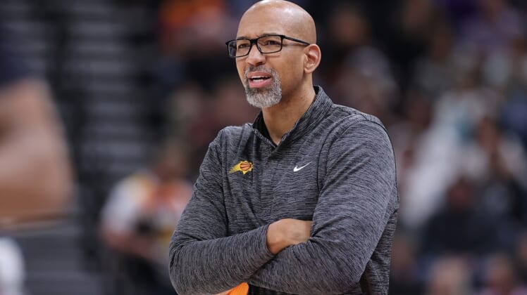 Apr 8, 2022; Salt Lake City, Utah, USA; Phoenix Suns head coach Monty Williams watches from the sideline during the first quarter against the Utah Jazz at Vivint Arena. Mandatory Credit: Rob Gray-USA TODAY Sports