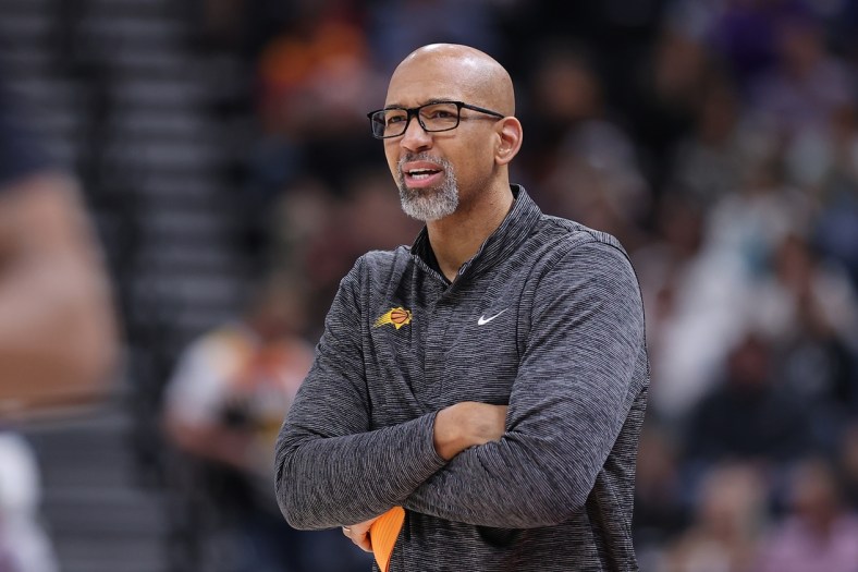 Apr 8, 2022; Salt Lake City, Utah, USA; Phoenix Suns head coach Monty Williams watches from the sideline during the first quarter against the Utah Jazz at Vivint Arena. Mandatory Credit: Rob Gray-USA TODAY Sports