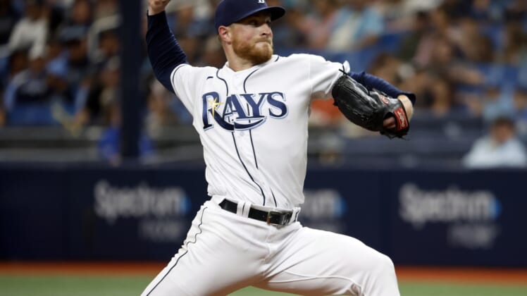 Apr 9, 2022; St. Petersburg, Florida, USA; Tampa Bay Rays starting pitcher Drew Rasmussen (57) throws a pitch during the second inning against the Baltimore Orioles at Tropicana Field. Mandatory Credit: Kim Klement-USA TODAY Sports