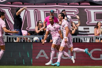 Apr 9, 2022; Fort Lauderdale, Florida, USA; Inter Miami CF forward Leonardo Campana (9) reacts with forward Ariel Lassiter (11) after scoring his second goal of the game against the New England Revolution during the first half at DRV PNK Stadium. Mandatory Credit: Jasen Vinlove-USA TODAY Sports