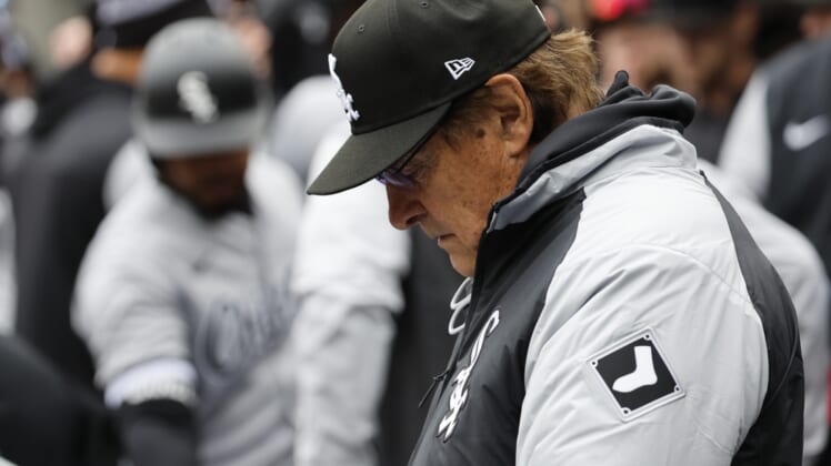 Apr 9, 2022; Detroit, Michigan, USA;  White Sox Manger Tony La Russa in the dugout in the first inning against the Detroit Tigers at Comerica Park. Mandatory Credit: Rick Osentoski-USA TODAY Sports