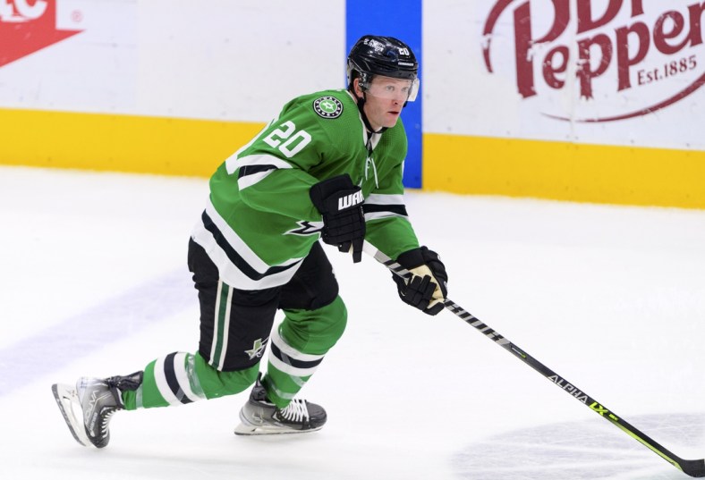 Apr 9, 2022; Dallas, Texas, USA; Dallas Stars defenseman Ryan Suter (20) skates against the New Jersey Devils during the second period at the at American Airlines Center. Mandatory Credit: Jerome Miron-USA TODAY Sports