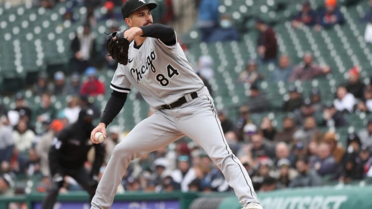 Chicago White Sox starting pitcher Dylan Cease pitches against the Detroit Tigers during the fourth inning Saturday, April 9, 2022, at Comerica Park in Detroit.Tigers Chiwht2