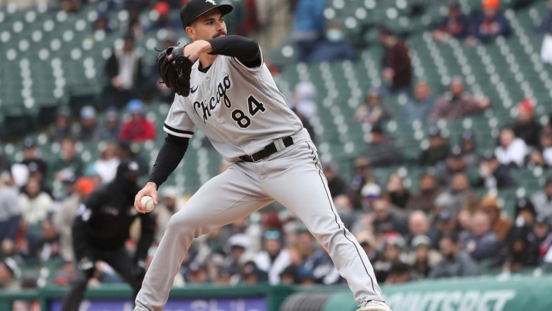 Chicago White Sox starting pitcher Dylan Cease pitches against the Detroit Tigers during the fourth inning Saturday, April 9, 2022, at Comerica Park in Detroit.

Tigers Chiwht2