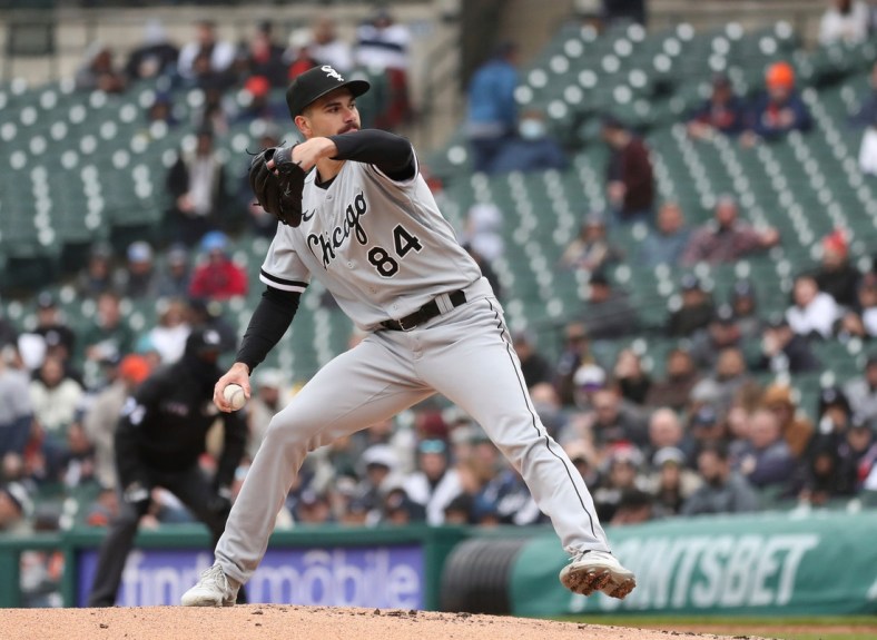 Chicago White Sox starting pitcher Dylan Cease pitches against the Detroit Tigers during the fourth inning Saturday, April 9, 2022, at Comerica Park in Detroit.

Tigers Chiwht2