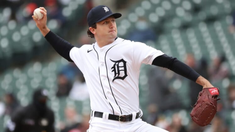 Detroit Tigers starter Casey Mize pitches against the Chicago White Sox during the fourth inning Saturday, April 9, 2022, at Comerica Park  in Detroit.Tigers Chiwht2