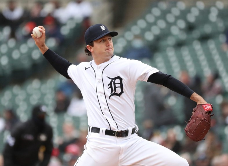 Detroit Tigers starter Casey Mize pitches against the Chicago White Sox during the fourth inning Saturday, April 9, 2022, at Comerica Park  in Detroit.

Tigers Chiwht2
