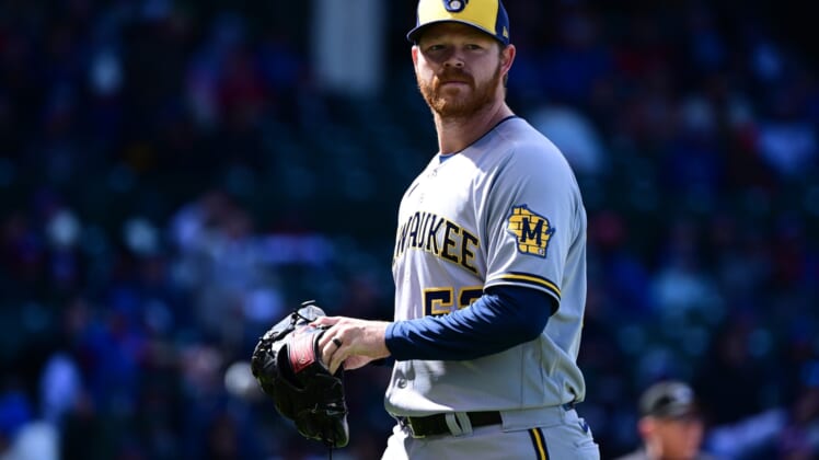 Apr 9, 2022; Chicago, Illinois, USA; Milwaukee Brewers starting pitcher Brandon Woodruff (53) leaves the mound after being relieved in the fourth inning against the Chicago Cubs  at Wrigley Field. Mandatory Credit: Quinn Harris-USA TODAY Sports