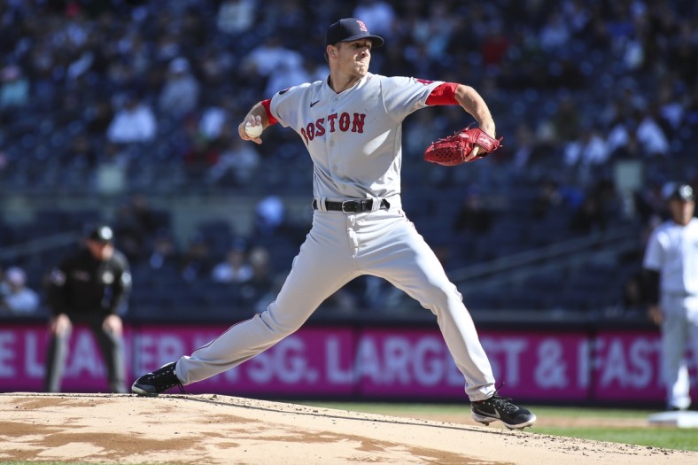 Apr 9, 2022; Bronx, New York, USA;  Boston Red Sox starting pitcher Nick Pivetta (37) pitches in the first inning against the New York Yankees at Yankee Stadium. Mandatory Credit: Wendell Cruz-USA TODAY Sports