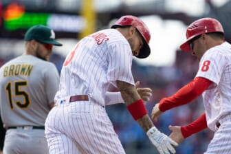 Apr 9, 2022; Philadelphia, Pennsylvania, USA; Philadelphia Phillies right fielder Nick Castellanos (8) runs the bases after hitting a two RBI home run against the Oakland Athletics during the first inning at Citizens Bank Park. Mandatory Credit: Bill Streicher-USA TODAY Sports