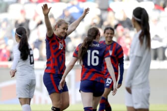 Apr 9, 2022; Columbus, Ohio, USA; United States midfielder Lindsey Horan (10) celebrates a goal with United States midfielder Rose Lavelle (16) during the first half of the friendly soccer match against Uzbekistan at Lower.com Field. Mandatory Credit: Joseph Maiorana-USA TODAY Sports