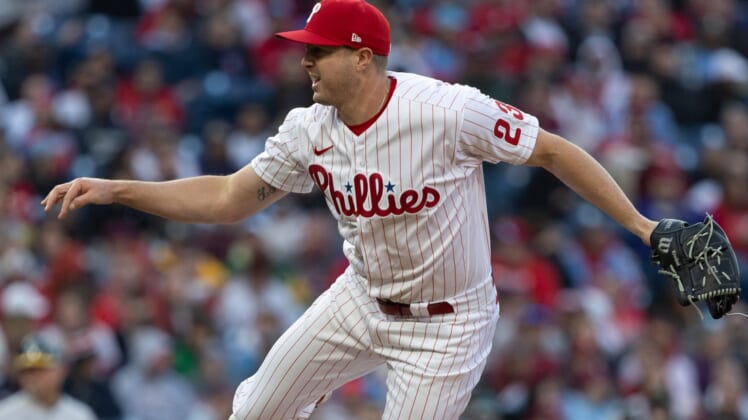 Apr 9, 2022; Philadelphia, Pennsylvania, USA; Philadelphia Phillies relief pitcher Corey Knebel (23) throws a pitch during the ninth inning against the Oakland Athletics at Citizens Bank Park. Mandatory Credit: Bill Streicher-USA TODAY Sports