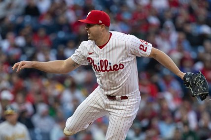 Apr 9, 2022; Philadelphia, Pennsylvania, USA; Philadelphia Phillies relief pitcher Corey Knebel (23) throws a pitch during the ninth inning against the Oakland Athletics at Citizens Bank Park. Mandatory Credit: Bill Streicher-USA TODAY Sports