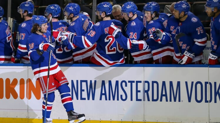 Apr 9, 2022; New York, New York, USA; New York Rangers left wing Artemi Panarin (10) celebrates with his team after scoring a goal against Ottawa Senators during the first period at Madison Square Garden. Mandatory Credit: Tom Horak-USA TODAY Sports