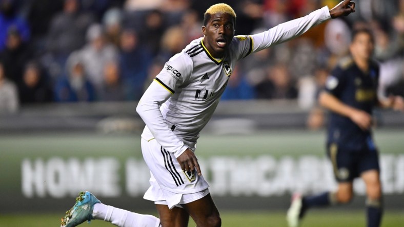 Apr 9, 2022; Philadelphia, Pennsylvania, USA; Columbus Crew forward Gyasi Zardes (11) reacts on the field in the second half against Philadelphia Union at Subaru Park. Mandatory Credit: Kyle Ross-USA TODAY Sports