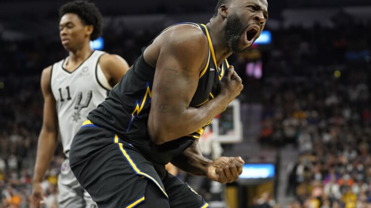 Apr 9, 2022; San Antonio, Texas, USA; Golden State Warriors forward Draymond Green (23) reacts during the second half against the San Antonio Spurs at AT&T Center. Mandatory Credit: Scott Wachter-USA TODAY Sports