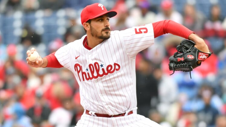 Apr 10, 2022; Philadelphia, Pennsylvania, USA; Philadelphia Phillies starting pitcher Zach Eflin (56) throws a pitch during the first inning against the Oakland Athletics at Citizens Bank Park. Mandatory Credit: Eric Hartline-USA TODAY Sports