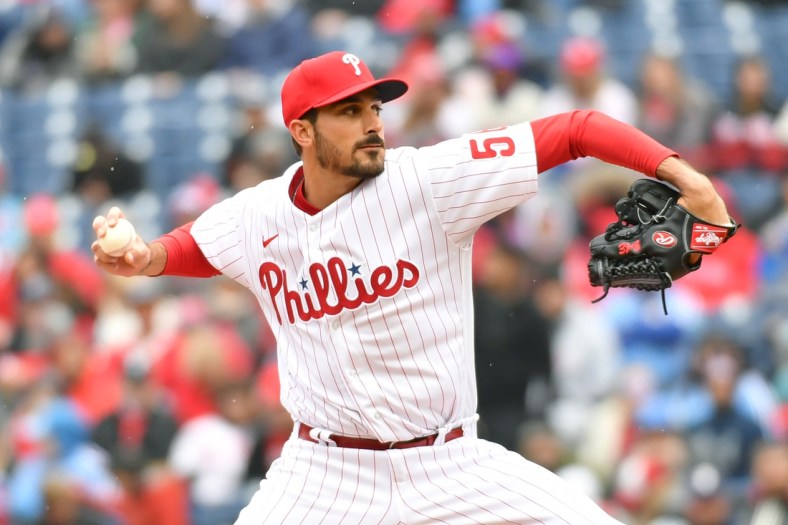 Apr 10, 2022; Philadelphia, Pennsylvania, USA; Philadelphia Phillies starting pitcher Zach Eflin (56) throws a pitch during the first inning against the Oakland Athletics at Citizens Bank Park. Mandatory Credit: Eric Hartline-USA TODAY Sports