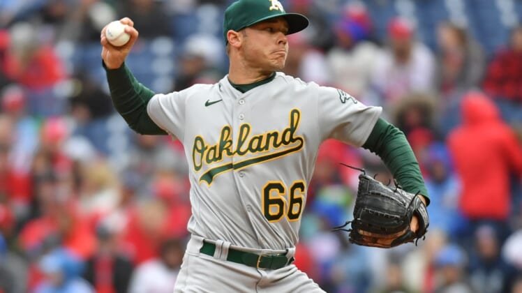 Apr 10, 2022; Philadelphia, Pennsylvania, USA; Oakland Athletics starting pitcher Daulton Jefferies (66) throws a pitch against the Philadelphia Phillies during the second inning at Citizens Bank Park. Mandatory Credit: Eric Hartline-USA TODAY Sports