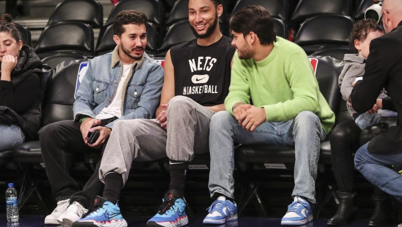 Apr 10, 2022; Brooklyn, New York, USA;  Brooklyn Nets guard Ben Simmons (10) talks with fans prior to the game against the Indiana Pacers at Barclays Center. Mandatory Credit: Wendell Cruz-USA TODAY Sports