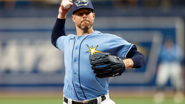 Apr 10, 2022; St. Petersburg, Florida, USA;  Tampa Bay Rays starting pitcher Corey Kluber (28) throws a pitch against the Baltimore Orioles in the second inning at Tropicana Field. Mandatory Credit: Nathan Ray Seebeck-USA TODAY Sports