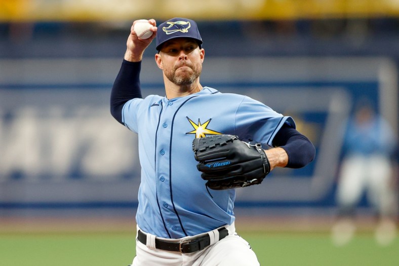 Apr 10, 2022; St. Petersburg, Florida, USA;  Tampa Bay Rays starting pitcher Corey Kluber (28) throws a pitch against the Baltimore Orioles in the second inning at Tropicana Field. Mandatory Credit: Nathan Ray Seebeck-USA TODAY Sports