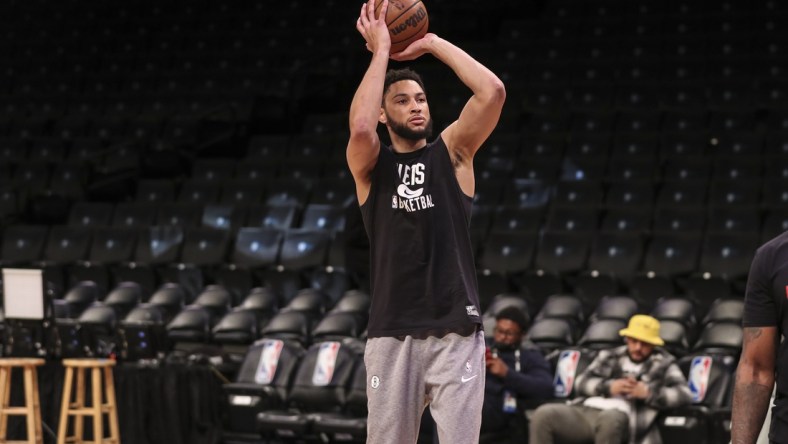 Apr 10, 2022; Brooklyn, New York, USA;  Brooklyn Nets guard Ben Simmons (10) takes warmups  prior to the game against the Indiana Pacers at Barclays Center. Mandatory Credit: Wendell Cruz-USA TODAY Sports