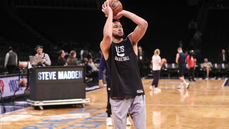 Apr 10, 2022; Brooklyn, New York, USA;  Brooklyn Nets guard Ben Simmons (10) takes warmups  prior to the game against the Indiana Pacers at Barclays Center. Mandatory Credit: Wendell Cruz-USA TODAY Sports