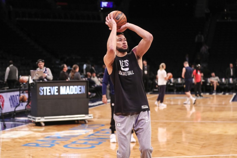 Apr 10, 2022; Brooklyn, New York, USA;  Brooklyn Nets guard Ben Simmons (10) takes warmups  prior to the game against the Indiana Pacers at Barclays Center. Mandatory Credit: Wendell Cruz-USA TODAY Sports