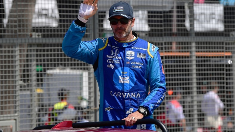 Apr 10, 2022; Long Beach, California, USA; Chip Ganassi Racing driver Jimmie Johnson (48) of United States during introductions for the Grand Prix of Long Beach at Long Beach Street Circuit. Mandatory Credit: Gary A. Vasquez-USA TODAY Sports