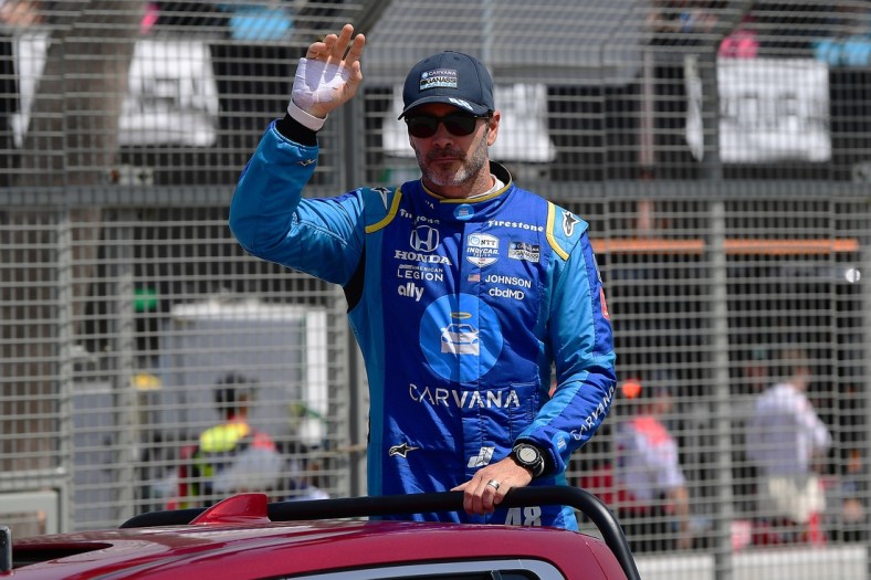Apr 10, 2022; Long Beach, California, USA; Chip Ganassi Racing driver Jimmie Johnson (48) of United States during introductions for the Grand Prix of Long Beach at Long Beach Street Circuit. Mandatory Credit: Gary A. Vasquez-USA TODAY Sports