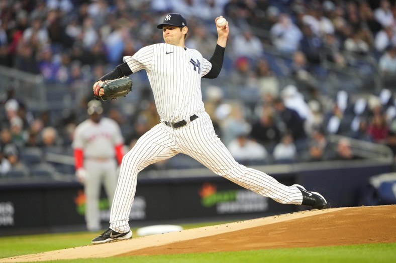 Apr 10, 2022; Bronx, New York, USA; New York Yankees pitcher Jordan Montgomery (47) delivers a pitch against the Boston Red Sox during the first inning at Yankee Stadium. Mandatory Credit: Gregory Fisher-USA TODAY Sports