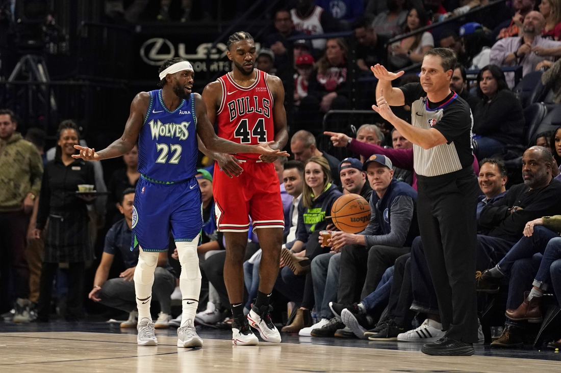 Apr 10, 2022; Minneapolis, Minnesota, USA;  NBA referee David Guthrie (16) calls a technical foul on Minnesota Timberwolves guard Patrick Beverley (22) for questioning an out-of-bounds call during the second quarter. He was then ejected from the game as it was his second technical of the night against the Chicago Bulls at Target Center. Mandatory Credit: Nick Wosika-USA TODAY Sports