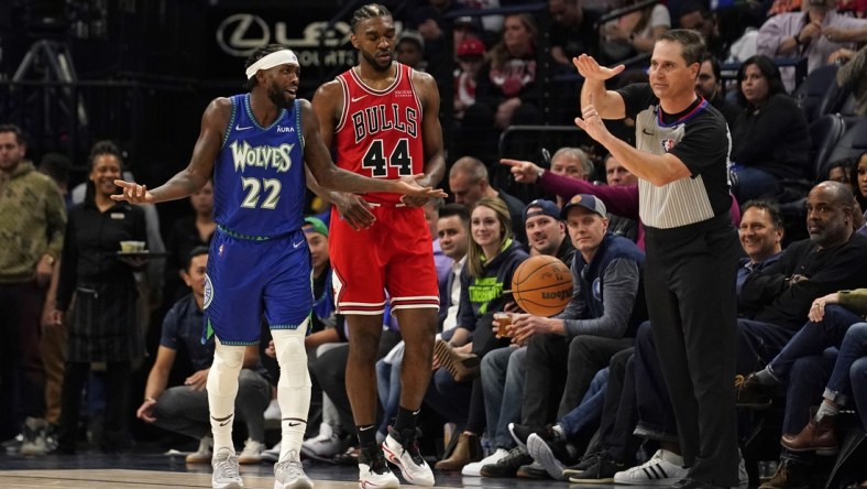 Apr 10, 2022; Minneapolis, Minnesota, USA;  NBA referee David Guthrie (16) calls a technical foul on Minnesota Timberwolves guard Patrick Beverley (22) for questioning an out-of-bounds call during the second quarter. He was then ejected from the game as it was his second technical of the night against the Chicago Bulls at Target Center. Mandatory Credit: Nick Wosika-USA TODAY Sports