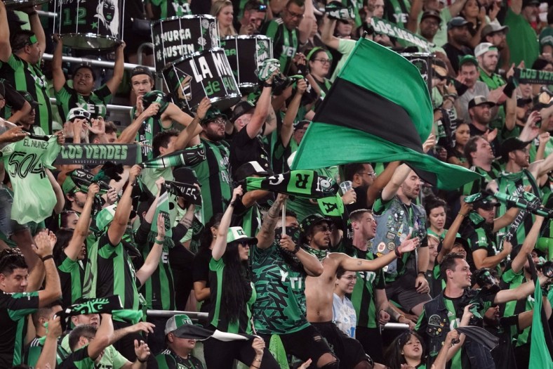 Apr 10, 2022; Austin, Texas, USA; Austin FC fans cheer after the win against the Minnesota United at Q2 Stadium. Mandatory Credit: Scott Wachter-USA TODAY Sports