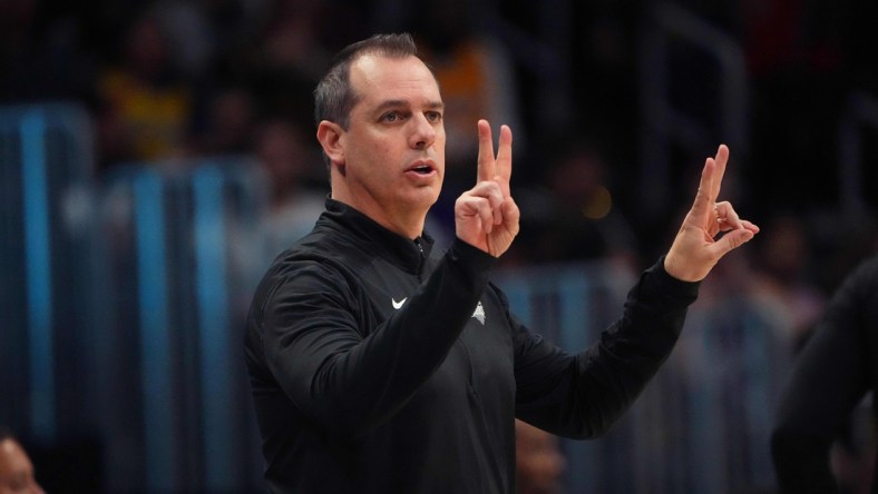 Apr 10, 2022; Denver, Colorado, USA; Los Angeles Lakers head coach Frank Vogel signals in the second quarter against the Denver Nuggets at Ball Arena. Mandatory Credit: Ron Chenoy-USA TODAY Sports