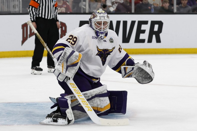 Apr 9, 2022; Boston, MA, USA;Minnesota State goaltender Dryden McKay (29) during the second period of the 2022 Frozen Four college ice hockey national championship game against Denver at TD Garden. Mandatory Credit: Winslow Townson-USA TODAY Sports