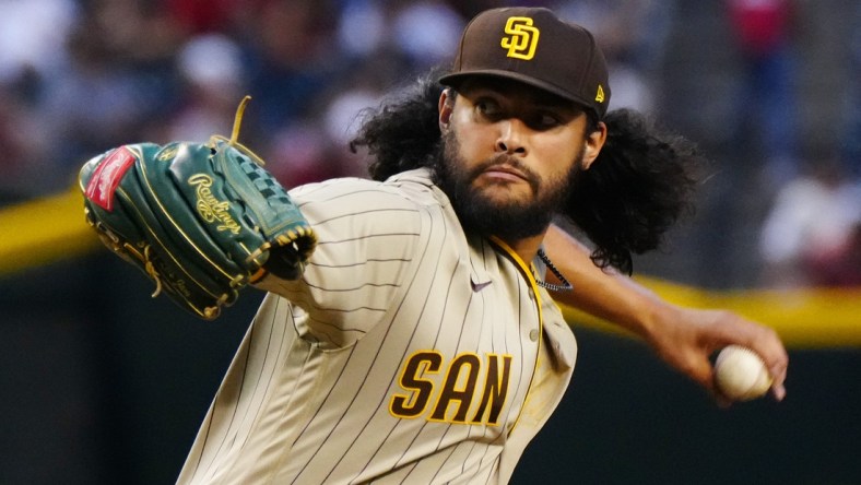 Apr 8, 2022; Phoenix, Arizona, USA; Padres' Sean Manaea (55) pitches against the Diamondbacks at Chase Field.

Mlb Dbacks Padres Game