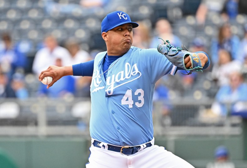 Apr 11, 2022; Kansas City, Missouri, USA;  Kansas City Royals starting pitcher Carlos Hernandez (43) delivers a pitch during the first inning against the Cleveland Guardians at Kauffman Stadium. Mandatory Credit: Peter Aiken-USA TODAY Sports
