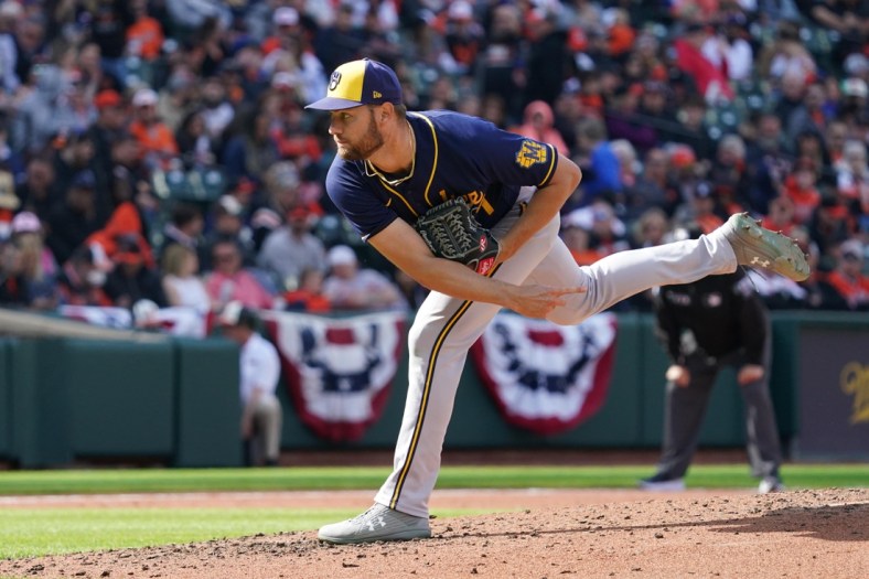 Apr 11, 2022; Baltimore, Maryland, USA; Milwaukee Brewers pitcher Adrian Houser (37) delivers a pitch in the third inning against the Baltimore Orioles at Oriole Park at Camden Yards. Mandatory Credit: Mitch Stringer-USA TODAY Sports