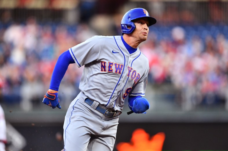 Apr 11, 2022; Philadelphia, Pennsylvania, USA; New York Mets outfielder Brandon Nimmo (9) runs toward third base in the first inning against the Philadelphia Phillies at Citizens Bank Park. Mandatory Credit: Kyle Ross-USA TODAY Sports
