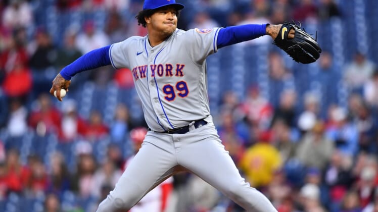Apr 11, 2022; Philadelphia, Pennsylvania, USA; New York Mets pitcher Taijuan Walker (99) throws a pitch in the first inning against the Philadelphia Phillies at Citizens Bank Park. Mandatory Credit: Kyle Ross-USA TODAY Sports