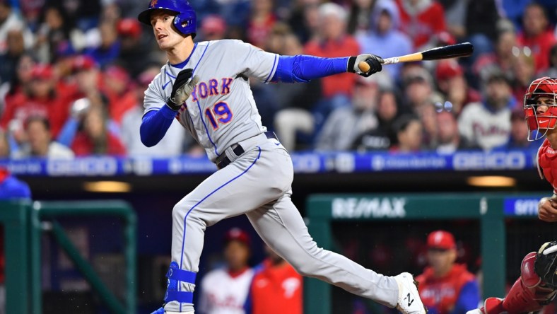 Apr 11, 2022; Philadelphia, Pennsylvania, USA; New York Mets outfielder Mark Canha (19) bats in the third inning against the Philadelphia Phillies at Citizens Bank Park. Mandatory Credit: Kyle Ross-USA TODAY Sports