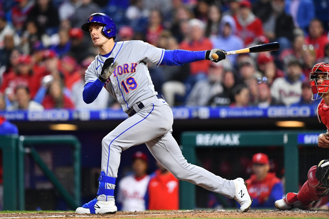 Apr 11, 2022; Philadelphia, Pennsylvania, USA; New York Mets outfielder Mark Canha (19) bats in the third inning against the Philadelphia Phillies at Citizens Bank Park. Mandatory Credit: Kyle Ross-USA TODAY Sports
