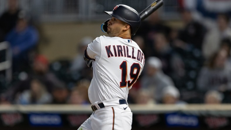 Apr 11, 2022; Minneapolis, Minnesota, USA; Minnesota Twins left fielder Alex Kirilloff (19) hits a single during the fifth inning against the Seattle Mariners at Target Field. Mandatory Credit: Jordan Johnson-USA TODAY Sports