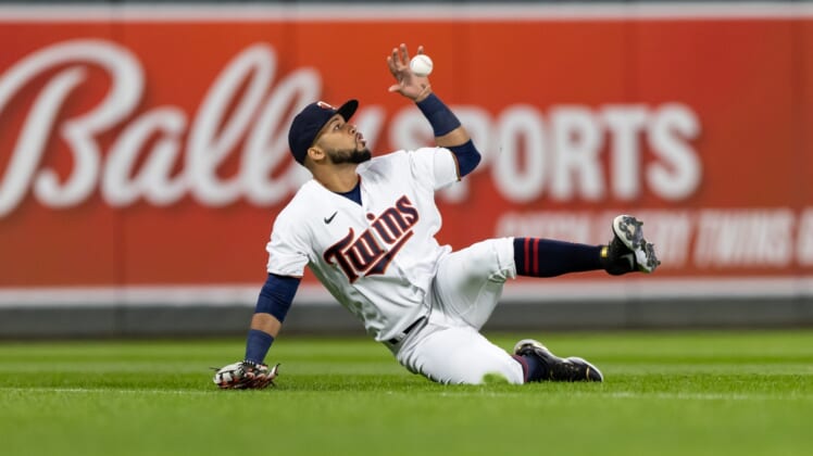 Apr 11, 2022; Minneapolis, Minnesota, USA; Minnesota Twins left fielder Gilberto Celestino (67) makes the catch for an out during the ninth inning against the Seattle Mariners at Target Field. Mandatory Credit: Jordan Johnson-USA TODAY Sports